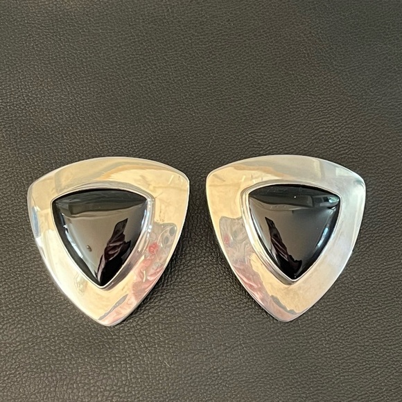 Vintage Sterling Silver Reve Signed Earrings Modernist 80’s Black Onyx 925 - Picture 1 of 11